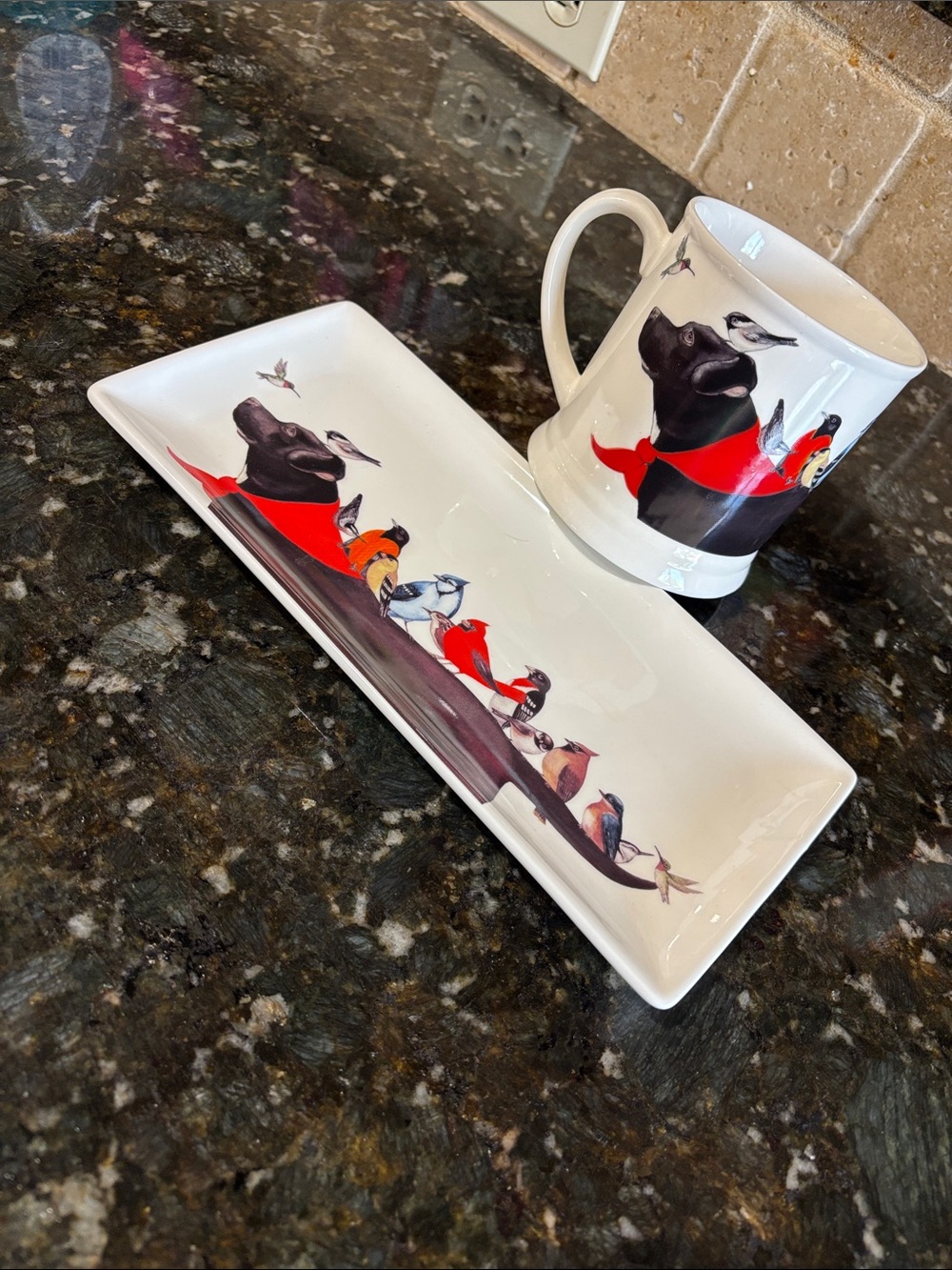 Wendy Russell birds on dog stoneware mug and plate!
